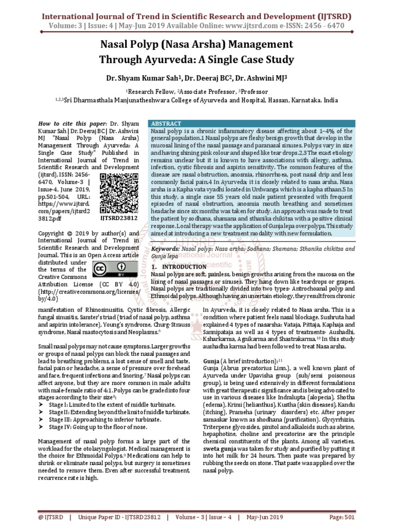 Nasal Polyp Nasa Arsha Management Through Ayurveda A Single Case Study