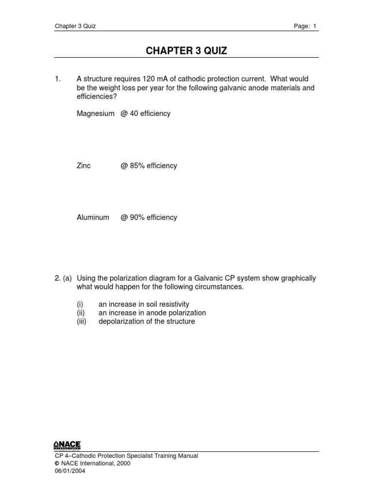 CP 4-Chapter 3 Quiz-June 2004 | PDF | Materials | Electrochemistry