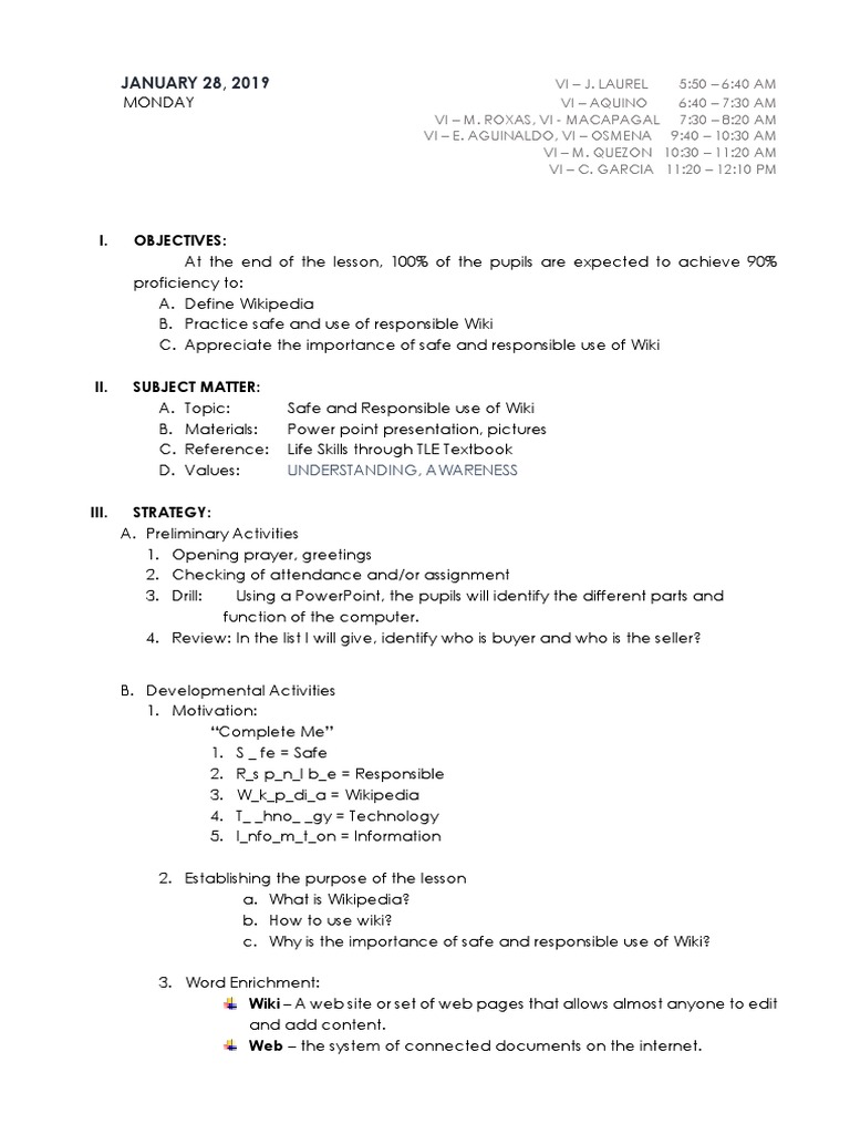 Lesson Plan Responsible Use Of Wiki Wiki Internet