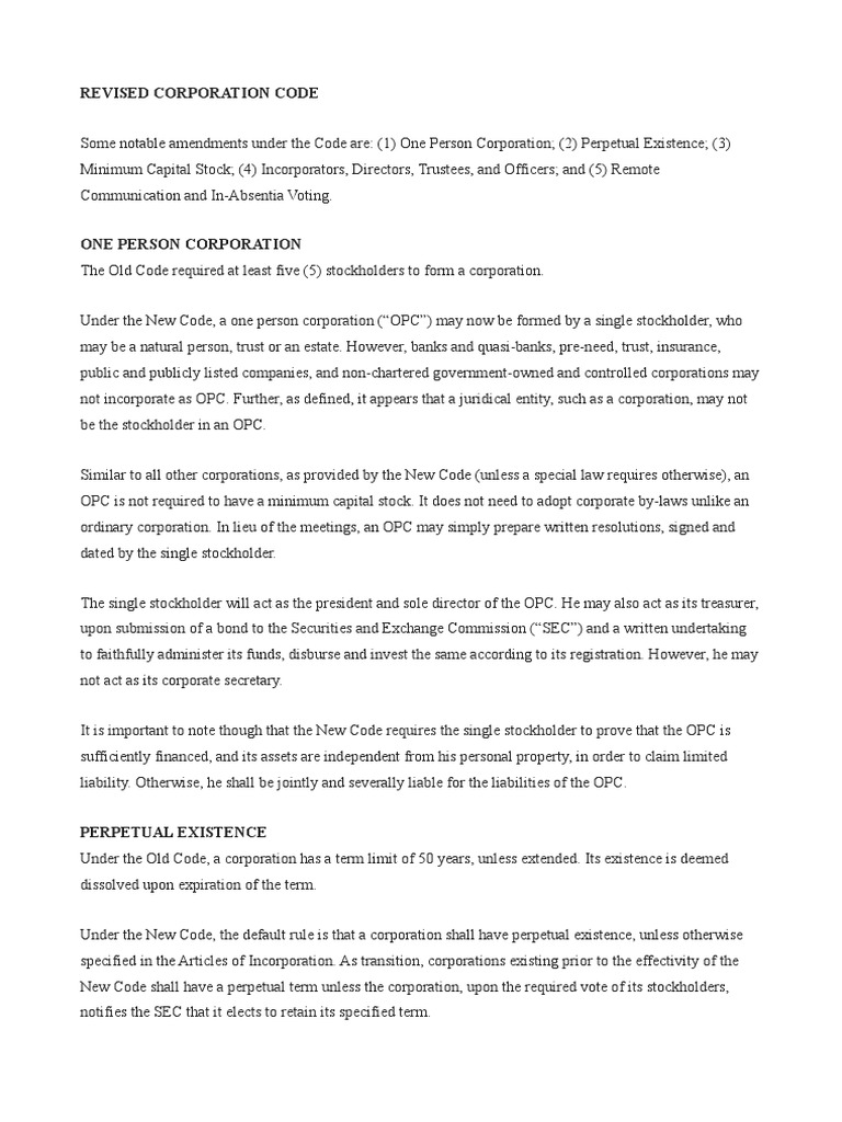 Revised Corporation Code Highlights | PDF | Corporations | Trustee