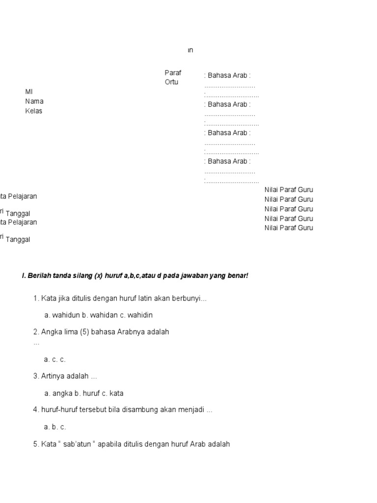 Soal Uts B Arab Kelas 1 Mi Semester 2