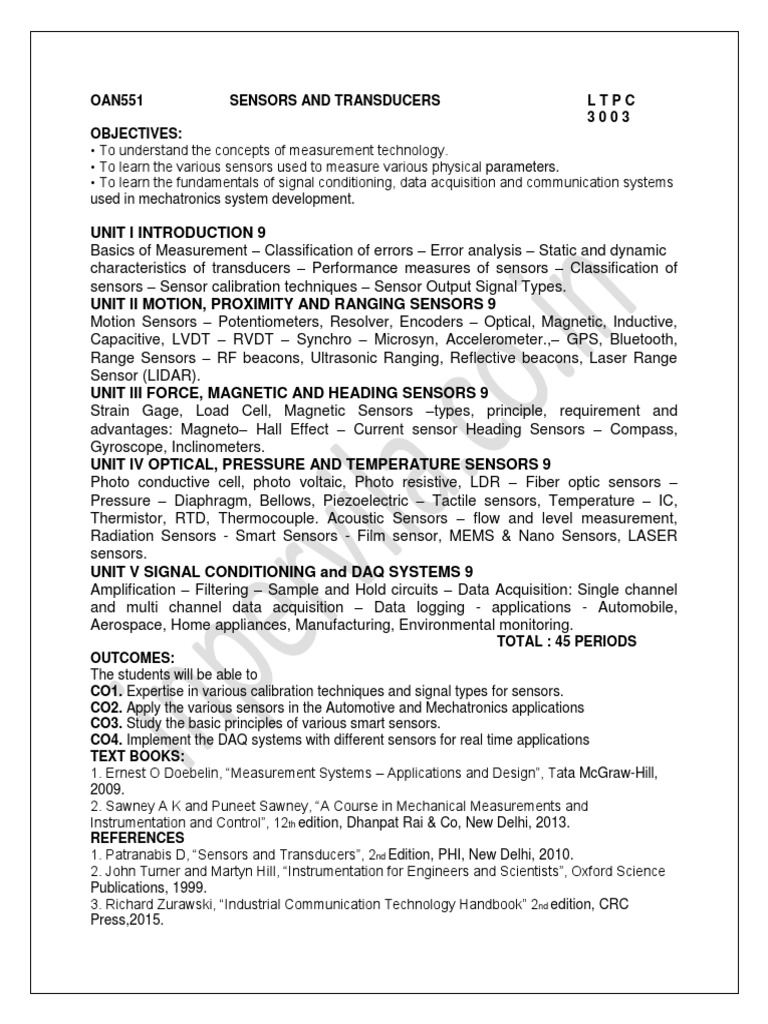 Oan551 Sensors and Transducers L T P C PDF Sensor Measuring