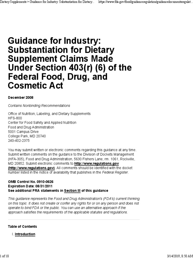 Guidance For Industry Substantiation For Dietary Supplement Claims Made