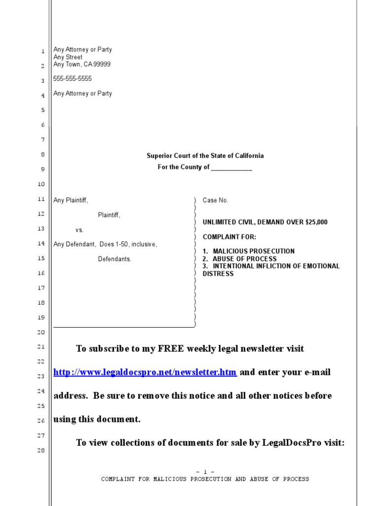 Sample Complaint for Malicious Prosecution in California | Malicious
