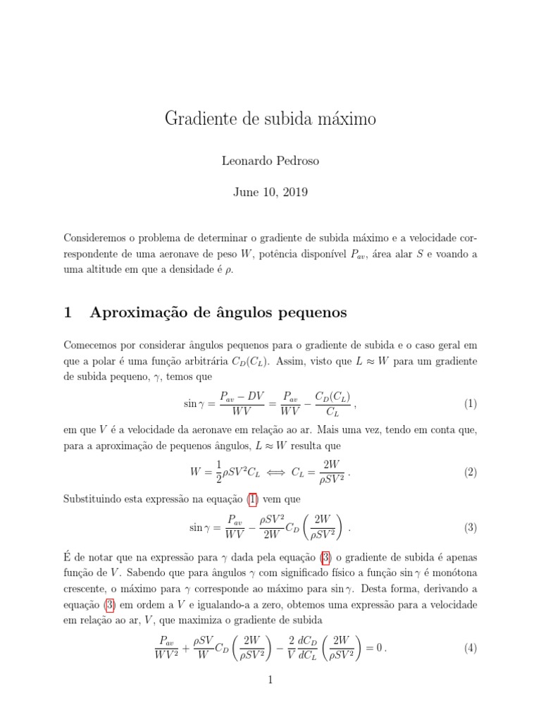 Gradiente de Subida Máximo em Aeronaves | PDF | Gradiente | Equações