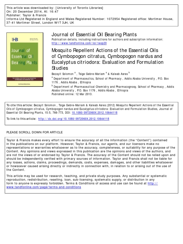 Mosquito Repellent Actions of The Essential Oils PDF Malaria