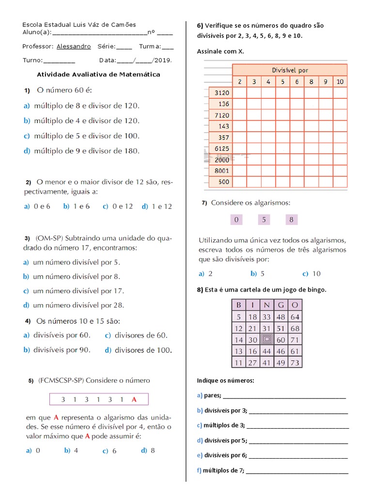 Prova Criterios de Divisibilidade - 6º Ano | PDF