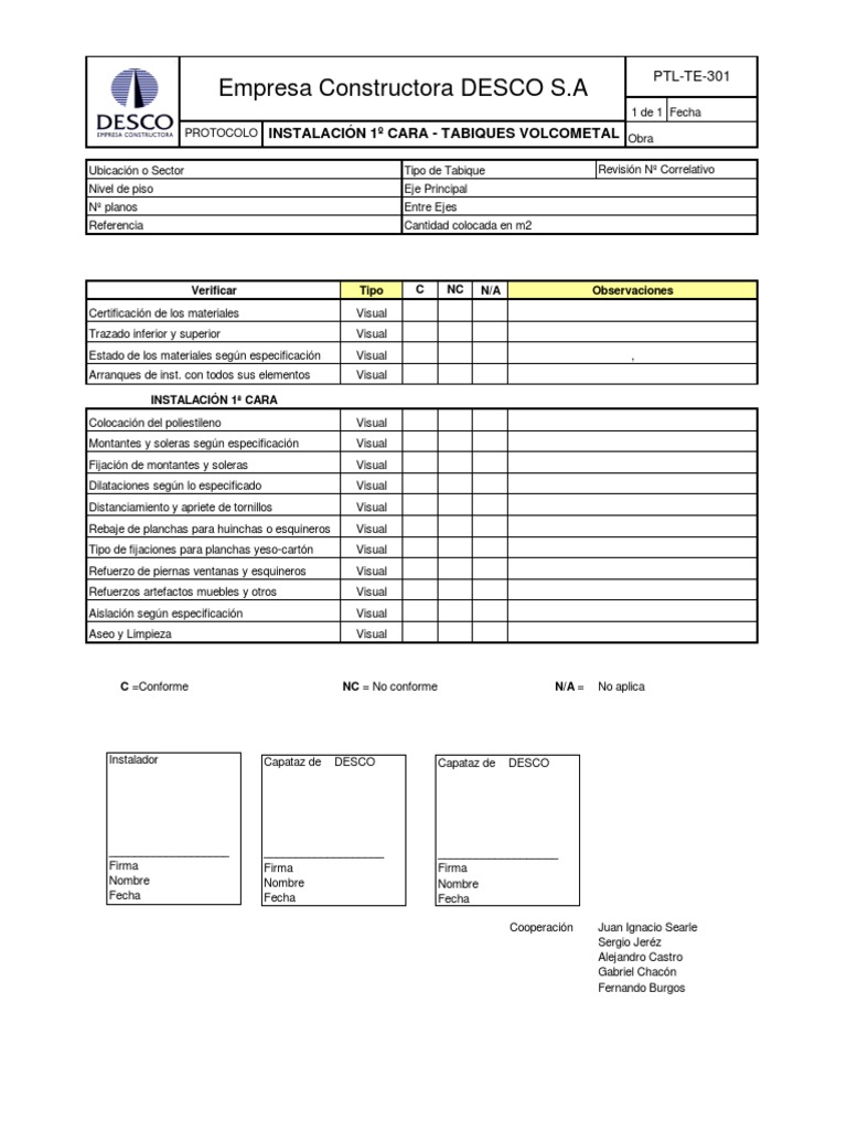 Empresa Constructora DESCO S.A: Instalación 1º Cara - Tabiques Volcometal