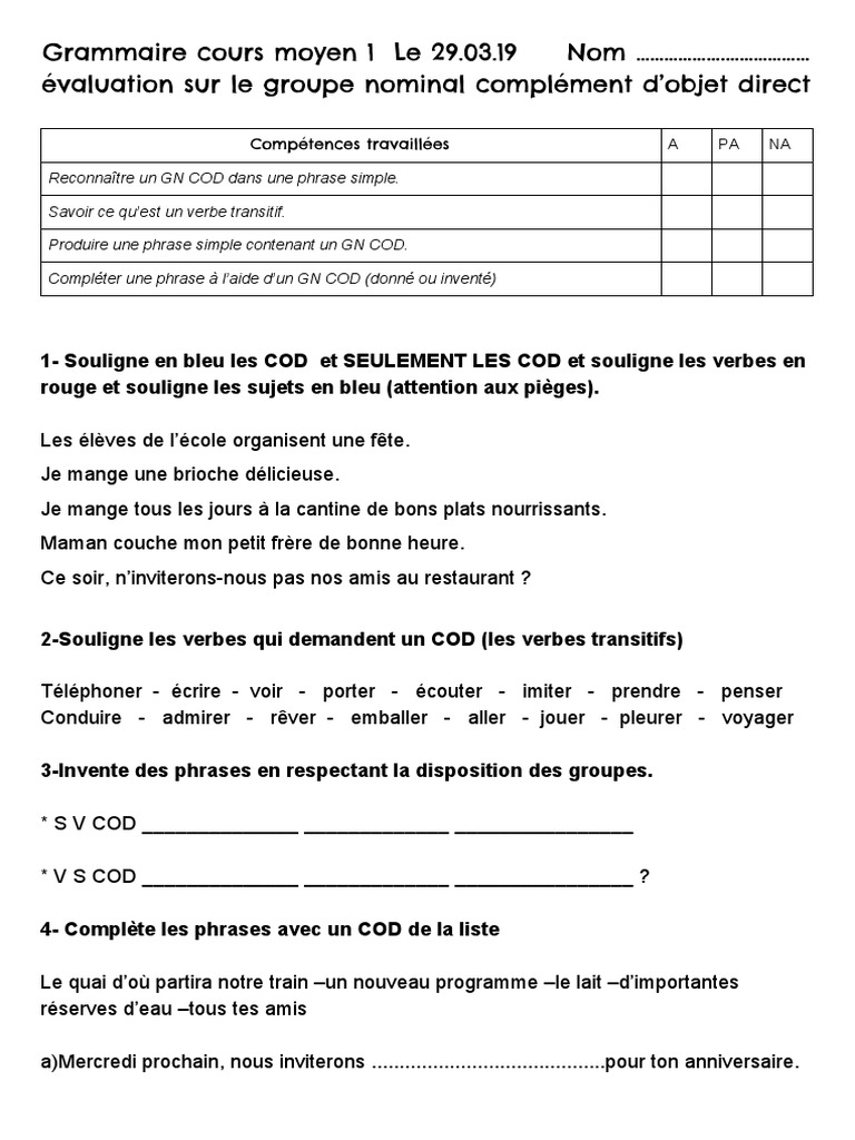 Exercice Cod Coi Cos 5ème Avec Correction Evaluation COD Cours Moyen 1 | PDF | Complément d'objet | Verbe