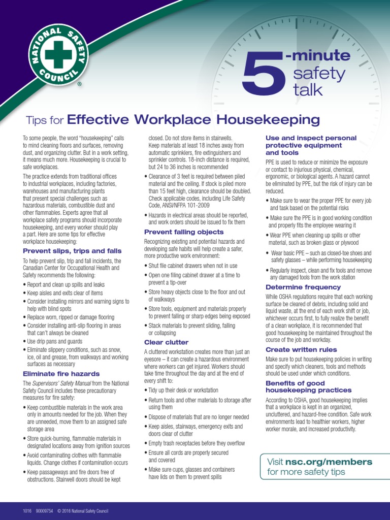 5 Min Safety Talk Effective Workplace Housekeeping PDF Personal