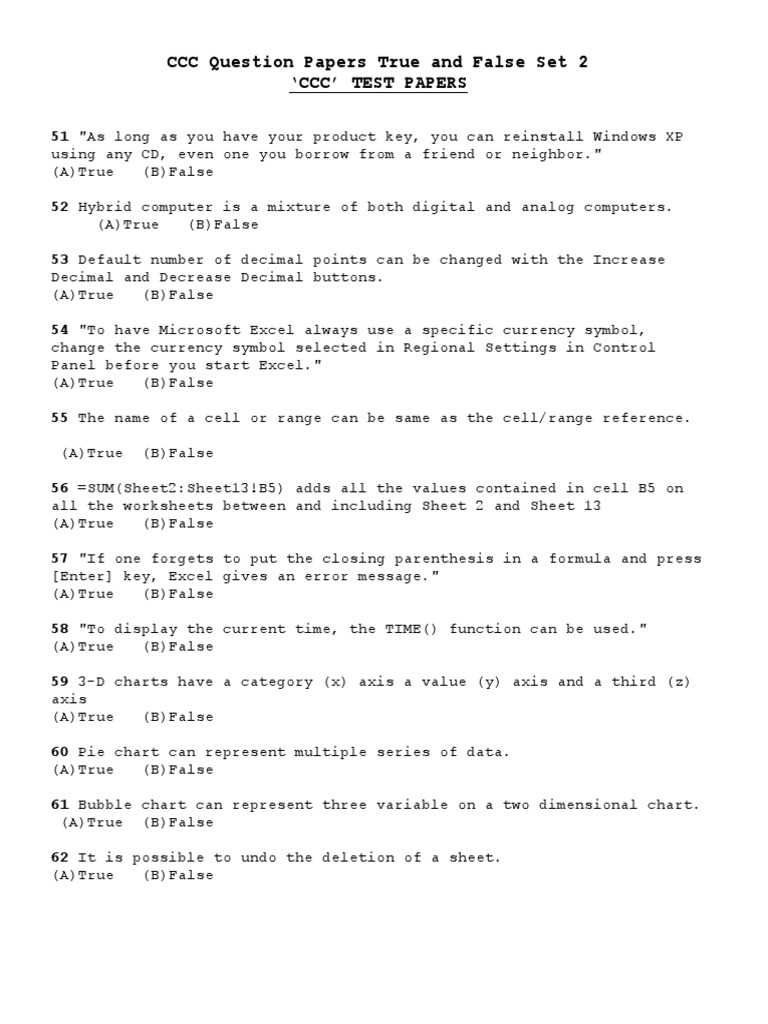 CCC Question Papers True and False Set 2 PDF Paragraph Microsoft