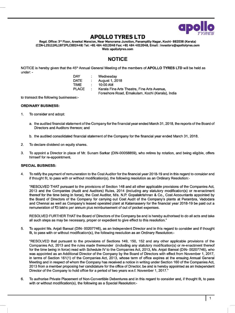 Apollotyres Annual Report Fy2018 Pdf Board Of Directors Waste
