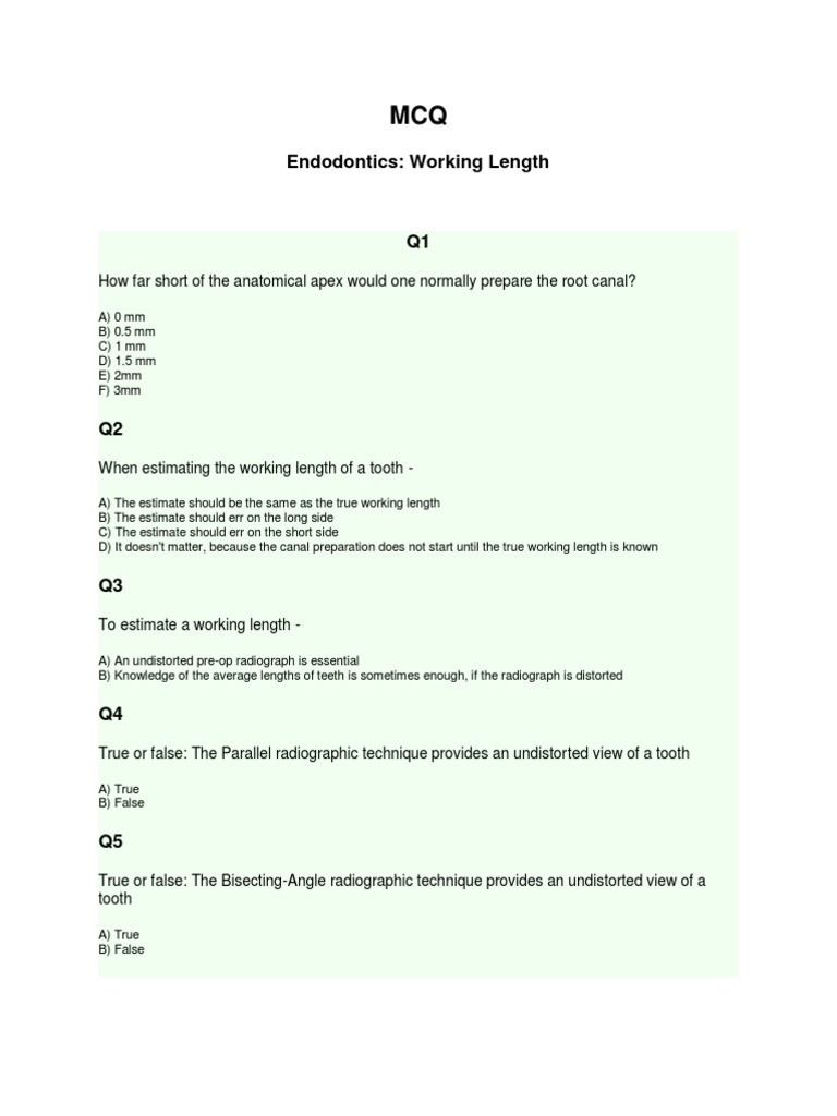 MCQ Endodontics Working Length PDF PDF Tooth Dentistry