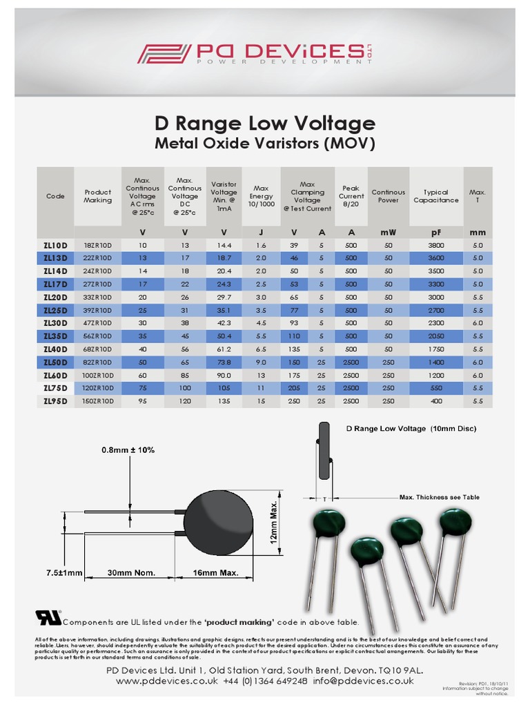 VPD1 Low Voltage MOV Specifications | PDF | Electronics | Physical ...