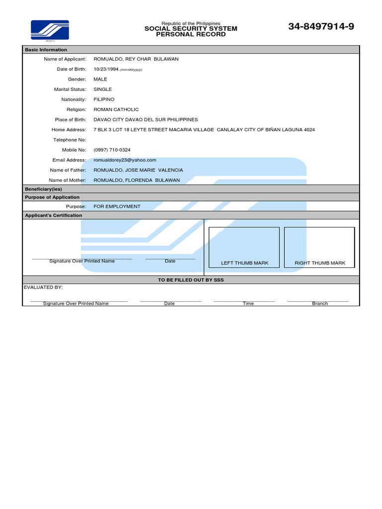 Philippines Social Security Application Form | PDF