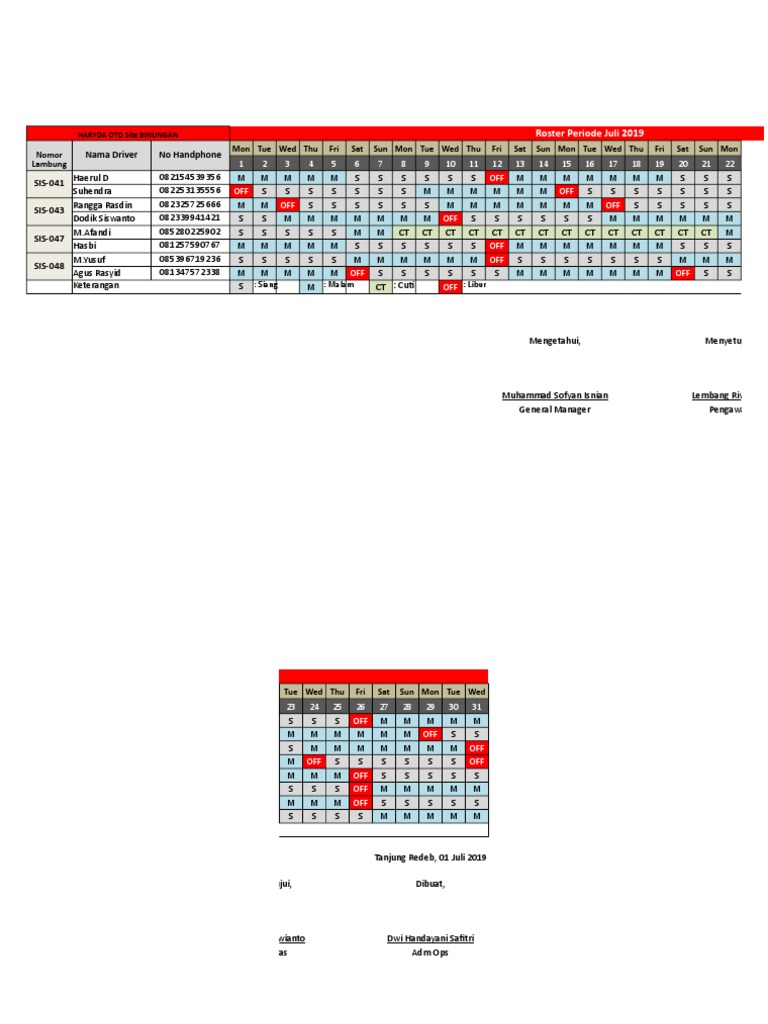 July 2019 Driver Roster Schedule | PDF