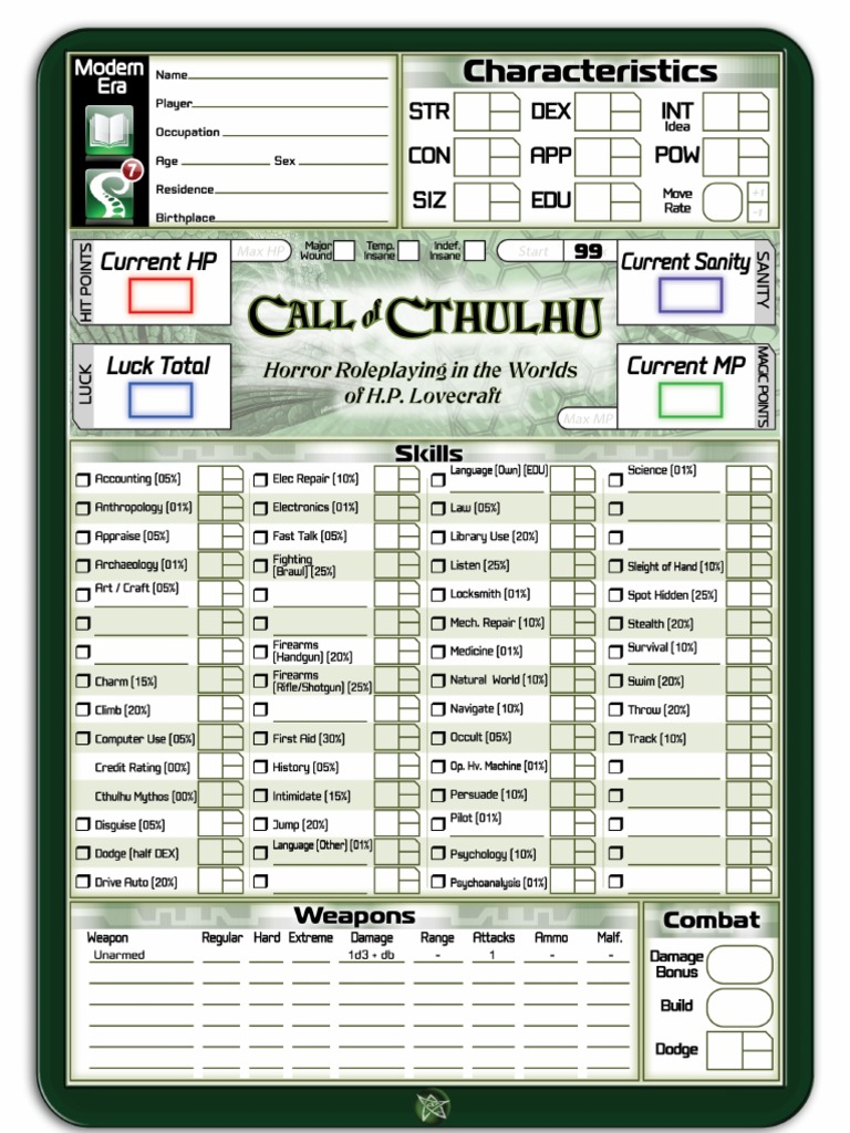 Call Of Cthulhu Modern Character Sheet
