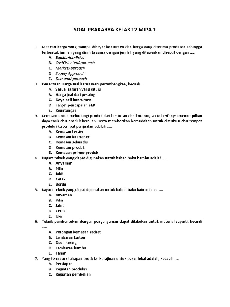 Soal Prakarya Kelas 12 Mipa 1