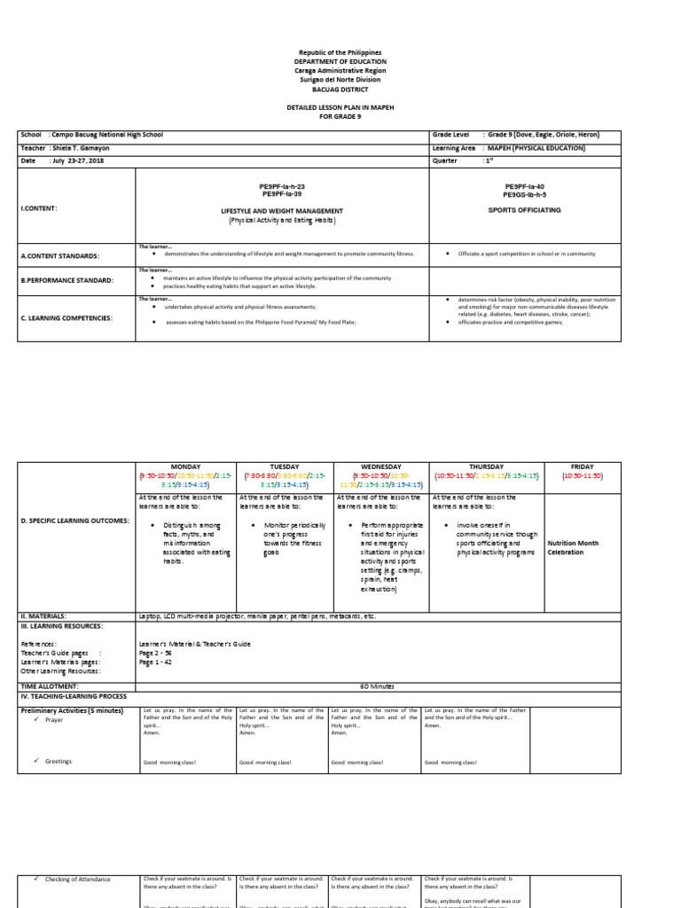 Grade 9 MAPEH 1st Quarter Lesson Plan | PDF | Deforestation | First Aid