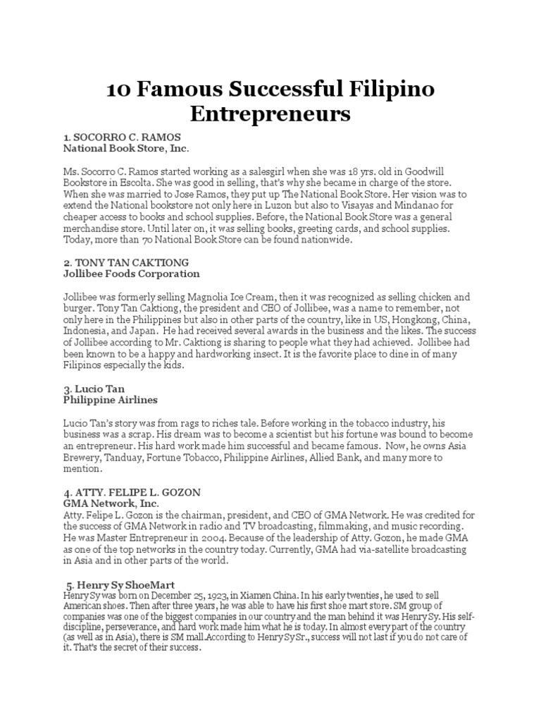 10 Famous Successful Filipino Entrepreneurs 1. Socorro C. Ramos