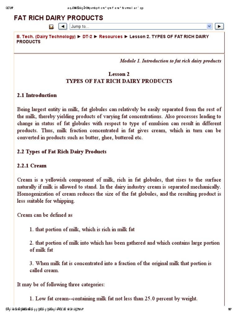 Module 1. Introduction To Fat Rich Dairy Products | PDF | Butter | Milk