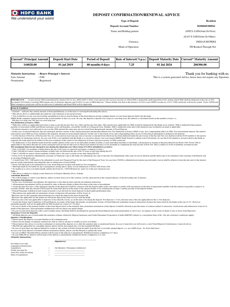 HDFC Bank Deposit Online Receipt Format PDF Banking Payments