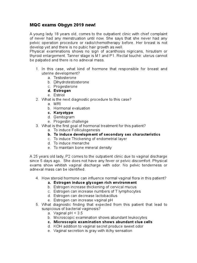 Obgyn MQC Exam Questions 2019 | PDF | Vagina | Estrogen