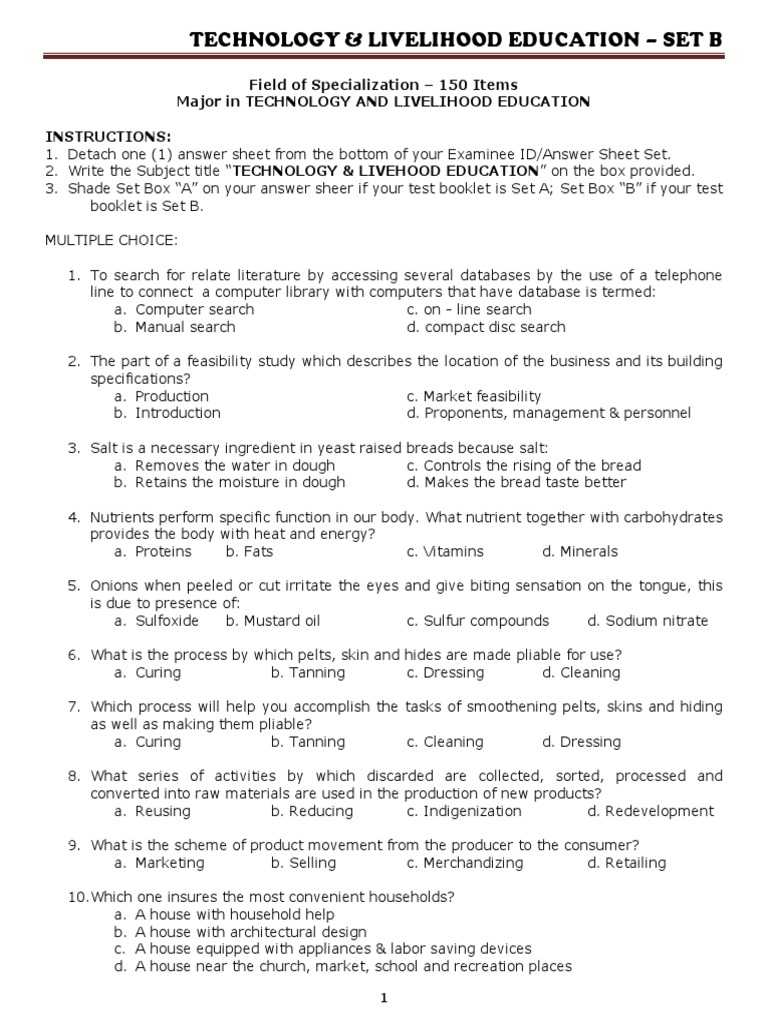 Tle let set b questionnaire download free pdf foods housekeeping