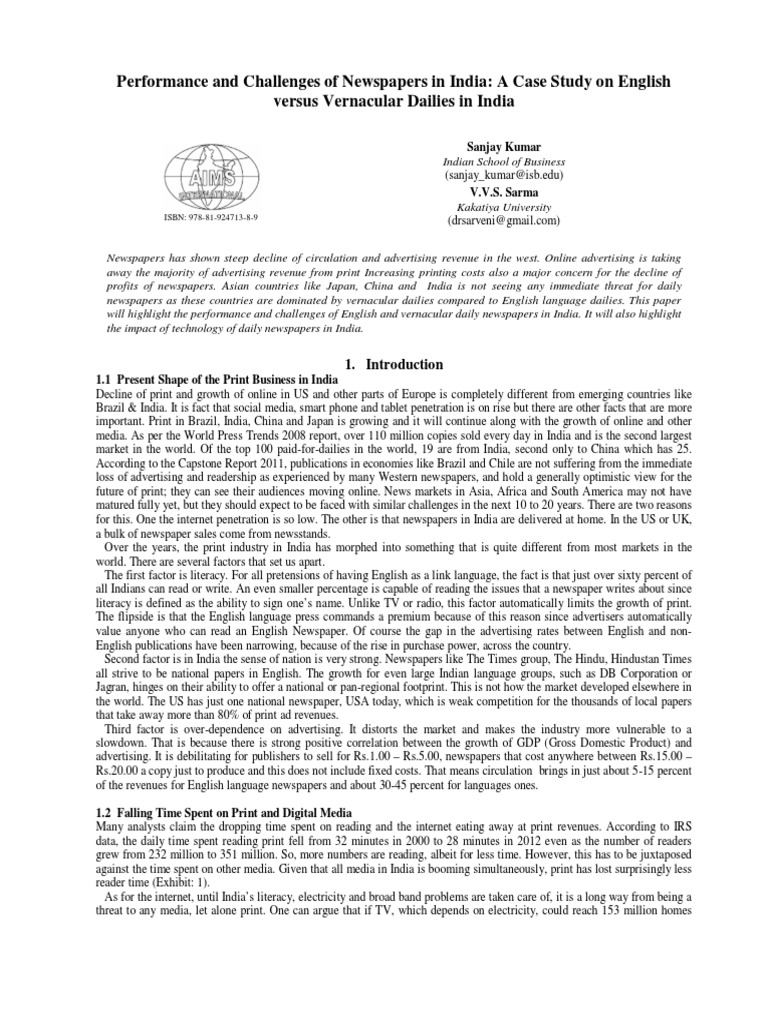 Performance and Challenges of Newspapers in India Comparing the