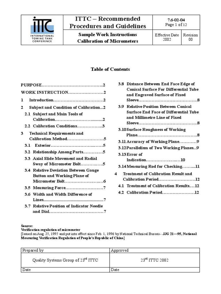 ITTC Procedures and Guidelines Sample Work Instructions Calibration of