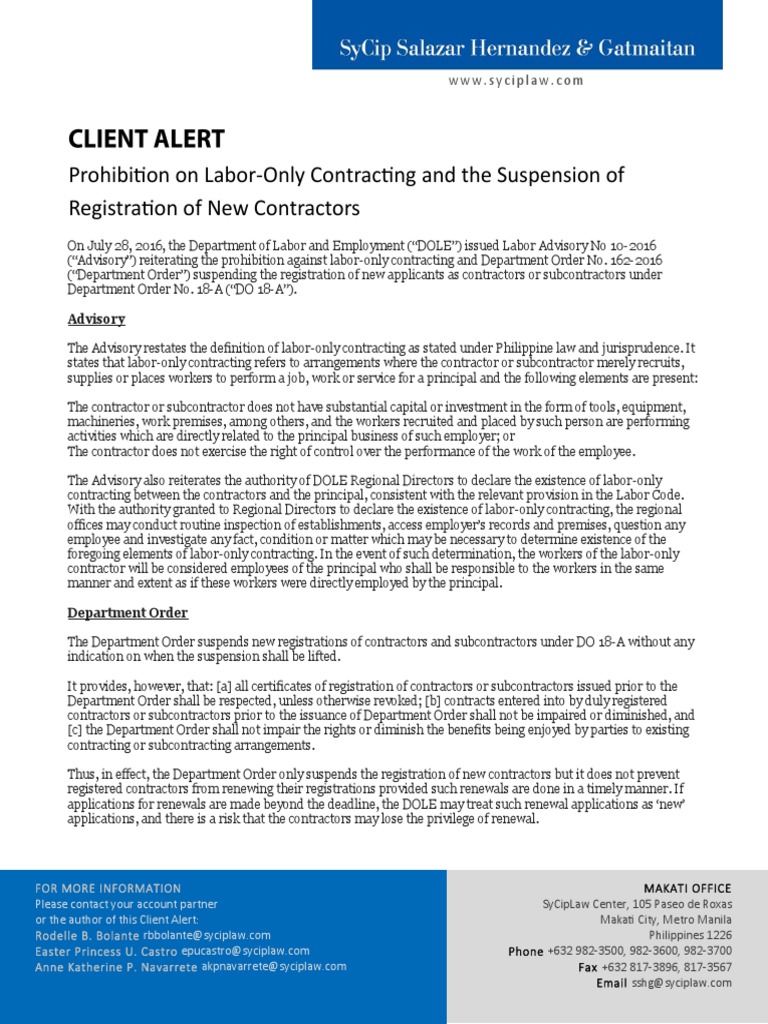 Prohibitionon Labor Only Contractingandthe Suspensionof Registrationof New Contractors Employment Private Law