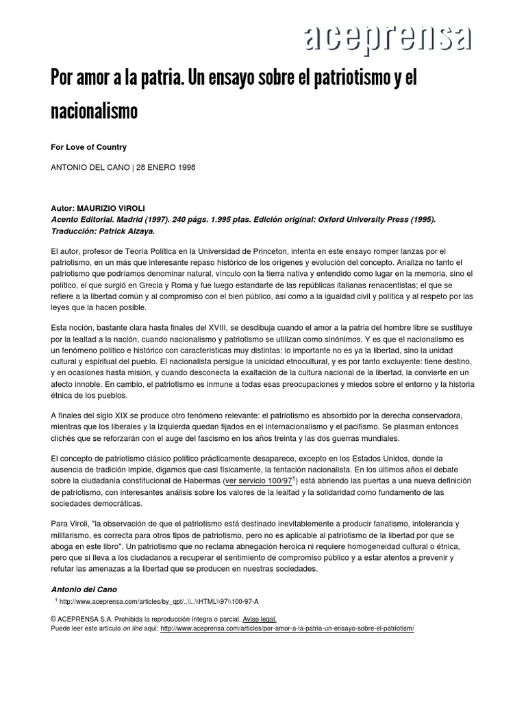 Por Amor A La Patria Un Ensayo Sobre El Patriotism PDF | PDF ...