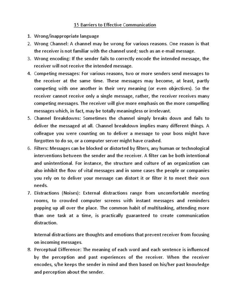 15 Barriers To Effective Communication PDF Communication Cognition