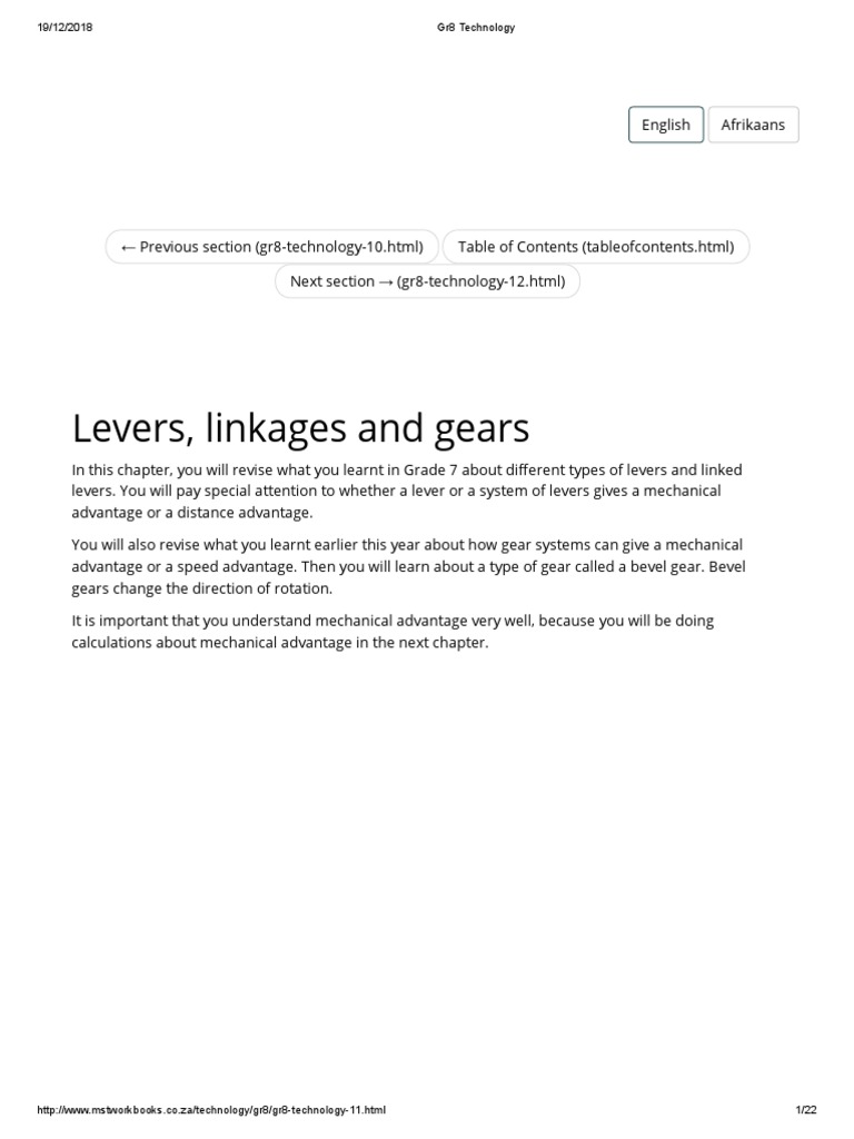 Levers, Linkages and Gears PDF Lever Gear