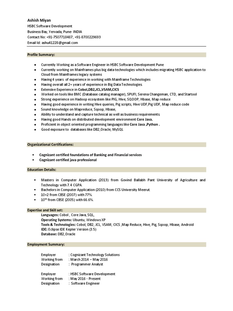 Resume Apache Hadoop Programmer