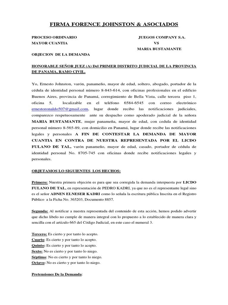 Modelo de demanda | Demanda judicial | Panamá