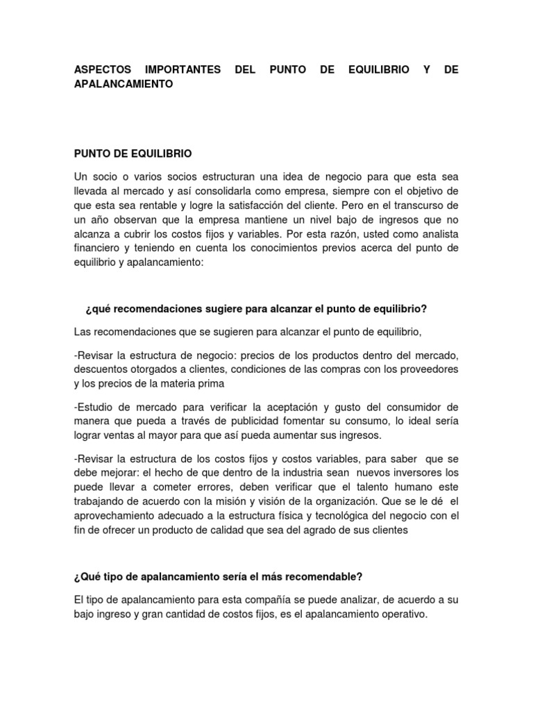 Punto de Equilibrio y Apalancamiento Operativo | PDF | Apalancamiento ...