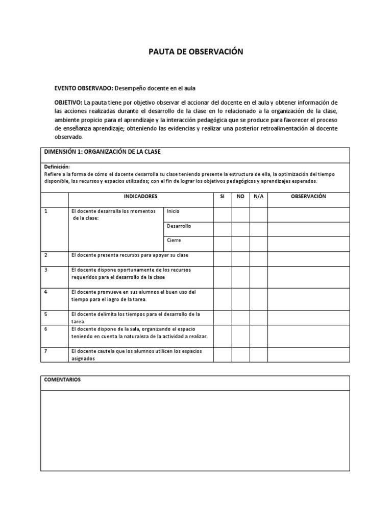 Pauta de Observación Docente en Aula | PDF | Salón de clases | Maestros