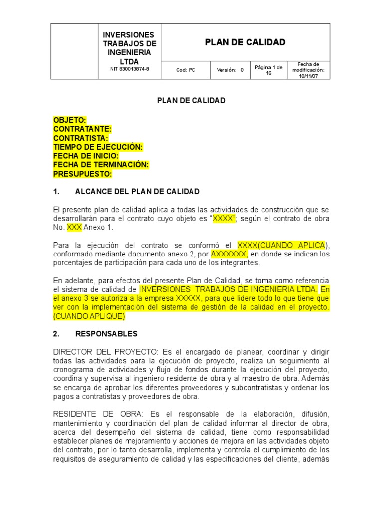 Formato Plan de Calidad Obra | PDF | Outsourcing | Calidad (comercial)