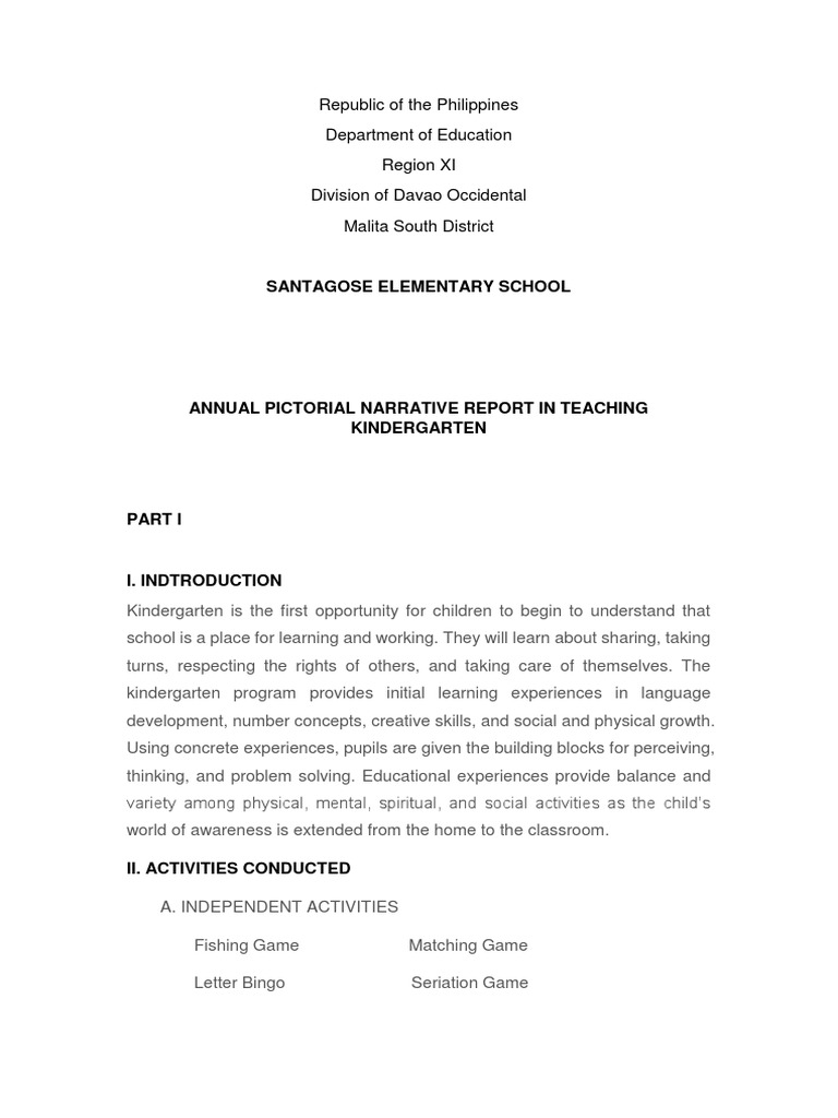 Kinder Narrative Report Kindergarten Teachers