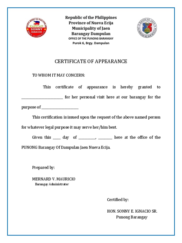 Certificate of Appearance  PDF Pertaining To Certificate Of Appearance Template