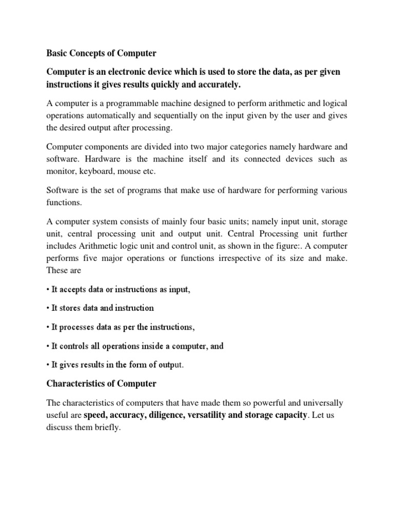 Basic Concepts of Computer | PDF | Input/Output | Computer Hardware