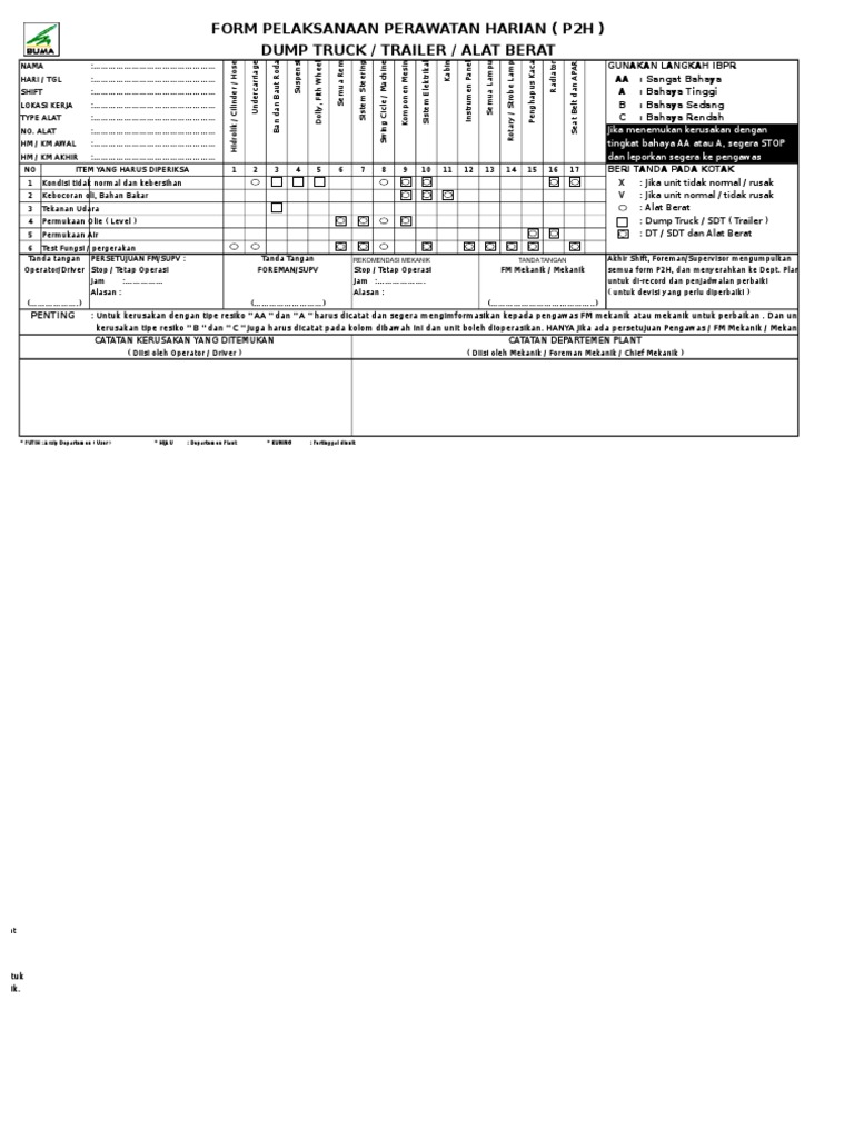 Form P2H Alat Berat dan Dump Truck | PDF