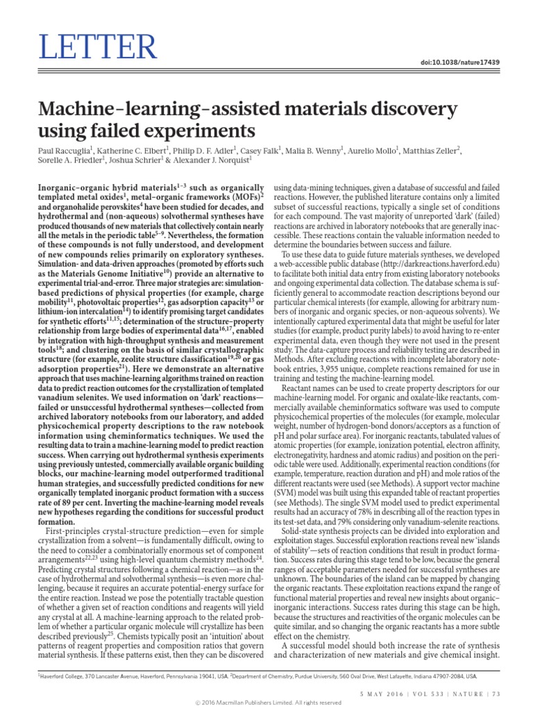 Letter MachineLearningAssisted Materials Discovery Using Failed Experiments PDF Chemical
