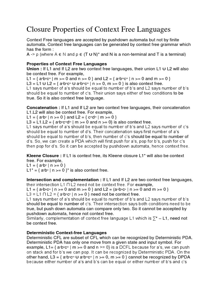 Closure Properties of Context Free Languages (Proof) | PDF | Theory Of ...