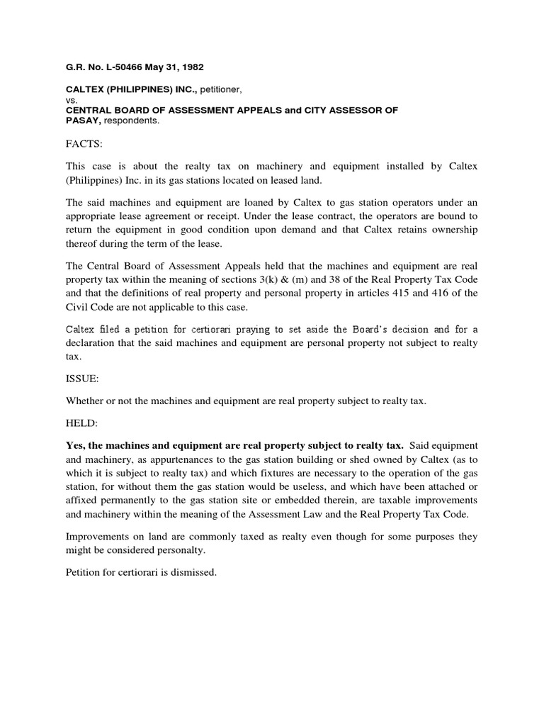 Realty Tax on Caltex Equipment Case | PDF
