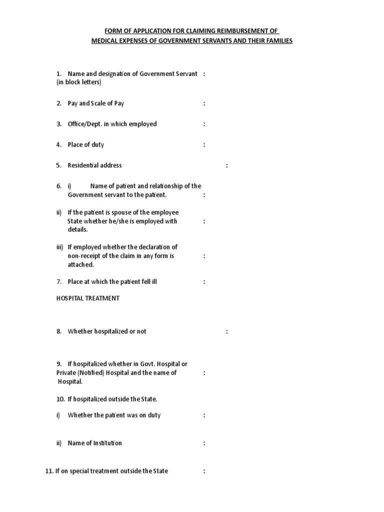 Form of Application For Claiming Reimbursement of Medical Expenses of