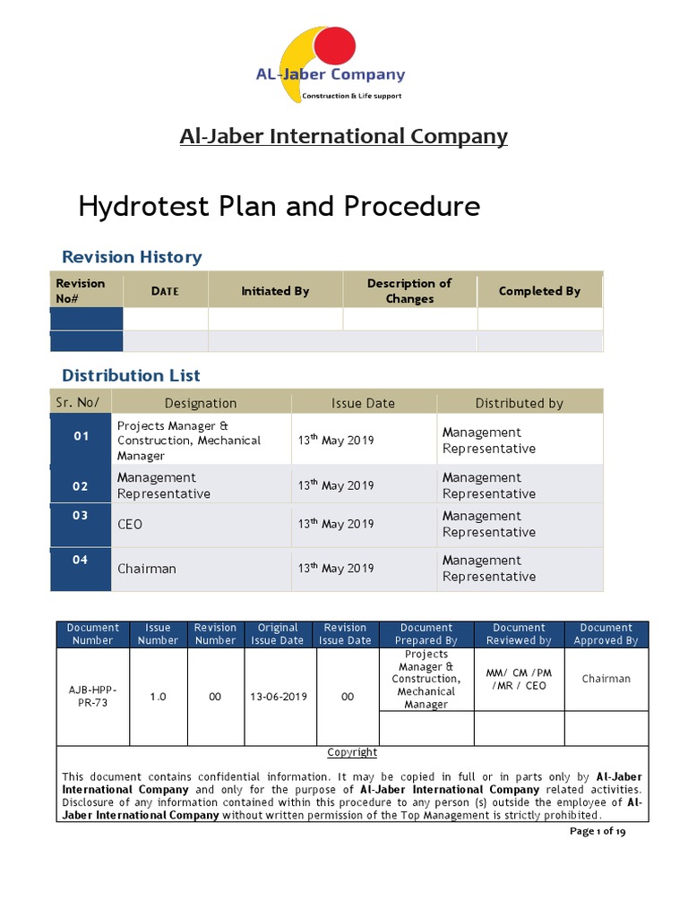 Hydrotest Plan and Procedure Pipe (Fluid Conveyance) Valve