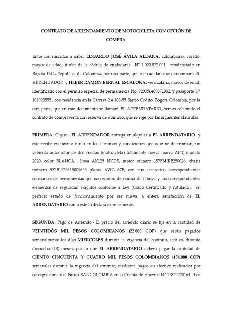 Contrato de Arrendamiento de Motocicleta | PDF | Alquiler | Placa de ...