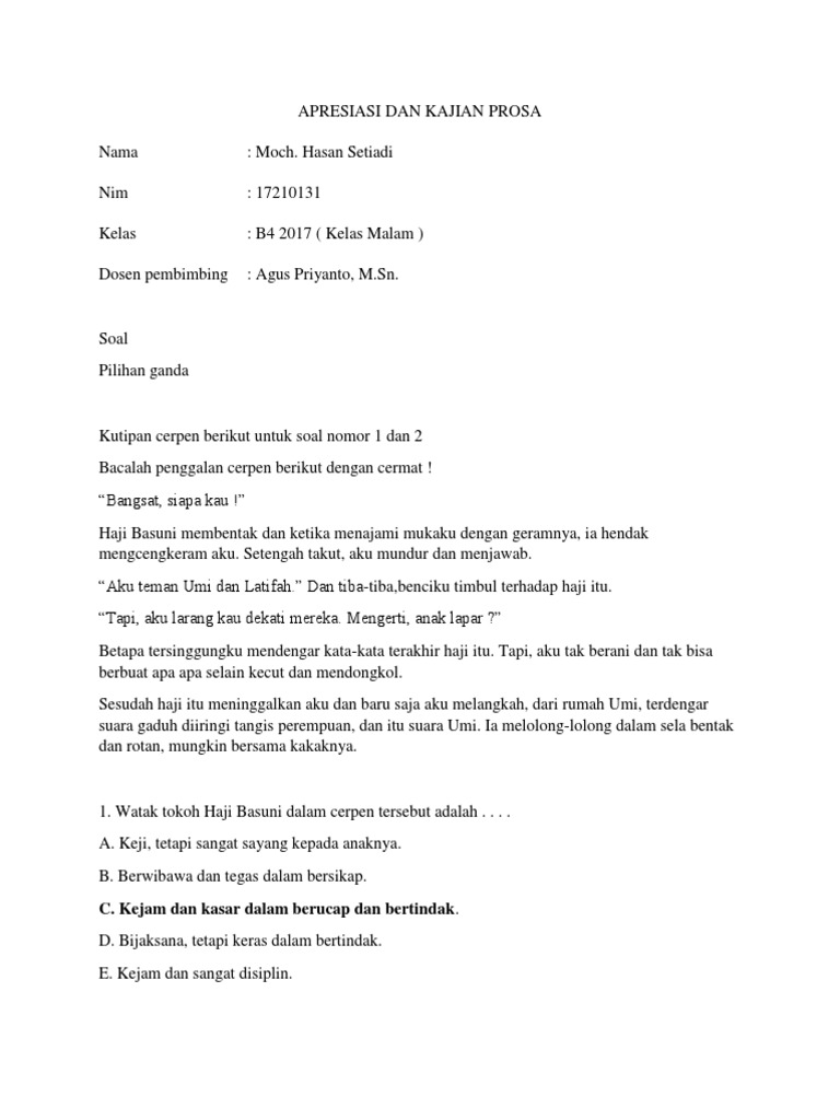 Soal Dan Jawaban Apresiasi Dan Kajian Prosa